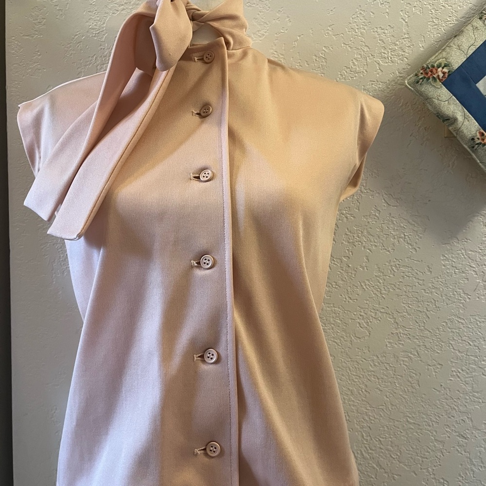 Vintage Pink Sleeveless Sheath Blouse with Tie Front
